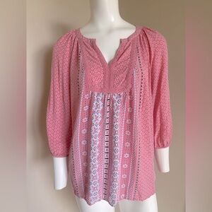 Crown & Ivy Blouse Pink Blue White Peasant Boho Pattern 3/4 Sleeve Size Large